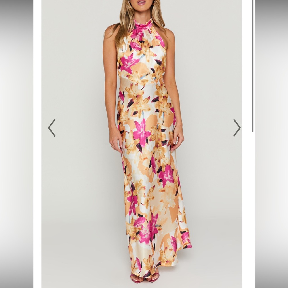 CYRA MIDI DRESS - HALTER NECK SATIN BIAS DRESS IN PINK FLORAL